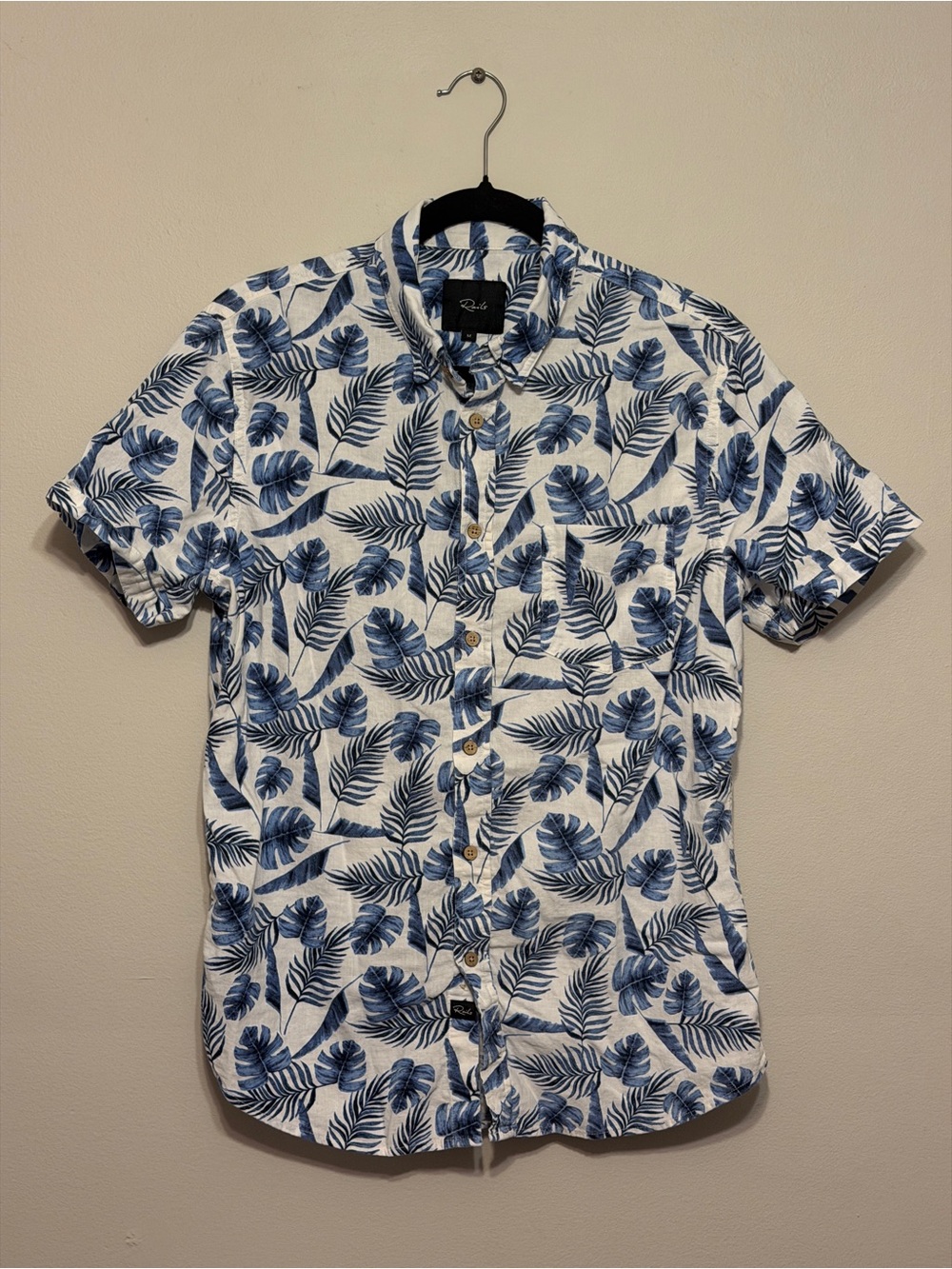 Rails White Short-Sleeve Button-Down with Blue Leaf Print